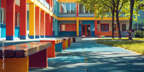 Empty schoolyard with a bench, nobody. Background for school website, school grounds landscaping for events.