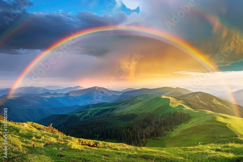 A panoramic view of a mountain range capped with a perfect rainbow