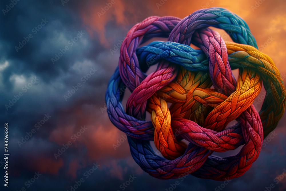 Design an image of a close-up view of a brightly colored Celtic love knot, its intricate design symbolizing eternal love and unity, set against a backdrop of a dramatic, stormy sky 