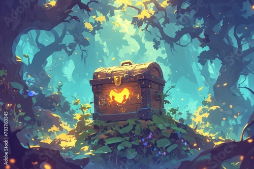 treasure chest, forest, illustration, art