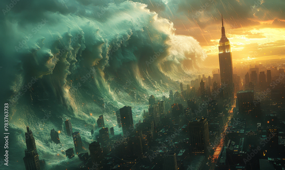 Majestic Tsunami Engulfs Metropolis in Surreal Cataclysm - Nature's Overwhelming Force Versus Urban Life