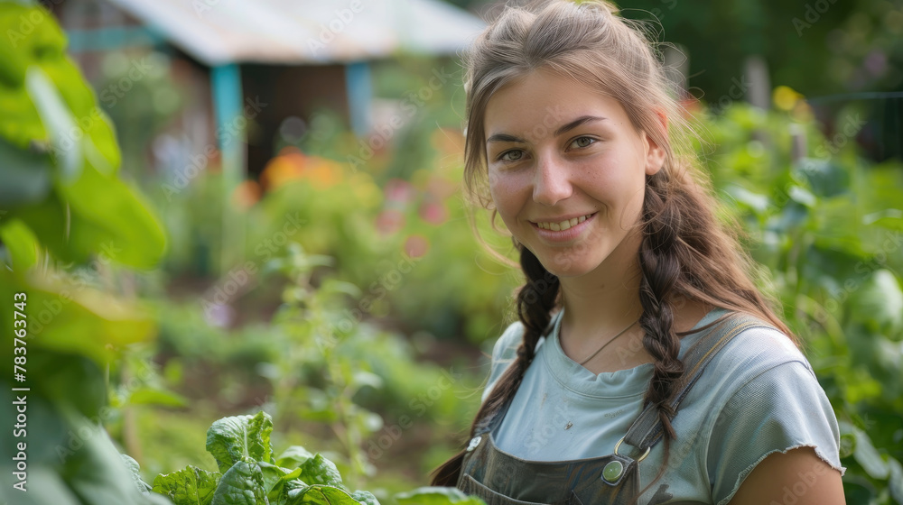 Smiling young Russian girl cleaning and gardening in the green garden with vegetable plant garden and wooden hut in the background Smiling young Russian girl cleaning and gardening in the green garden with vegetable plant garden and wooden hut in the background
