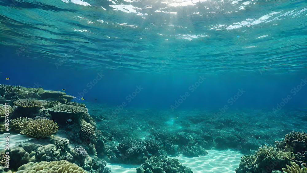 deep sea in shallow water, tropical ocean colors. vertical Abstract background of deep sea and shallow water, underwater shooting