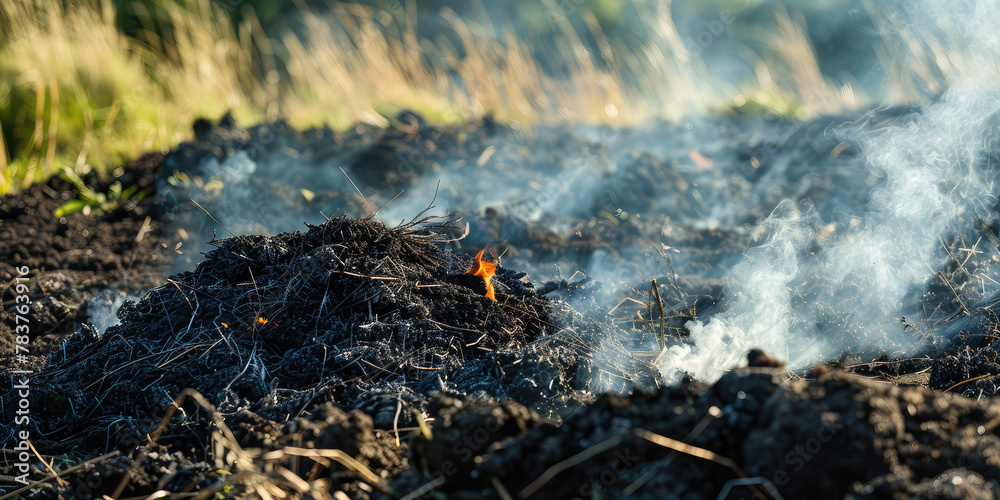 Fototapeta premium The peat bog burns in the summer. Fire Danger of burning natural materials, natural peat.