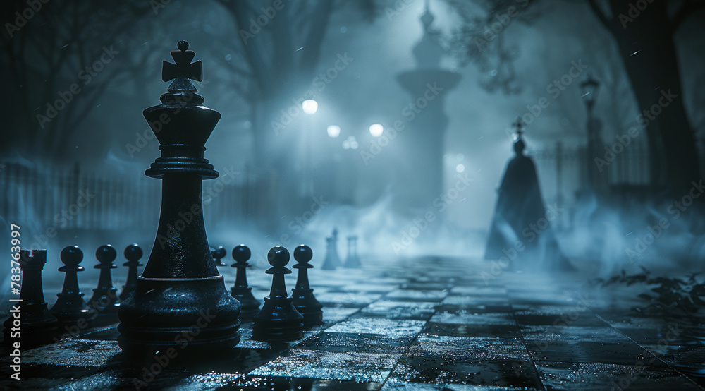 A dark chessboard with black pawns, the king in check and an ominous figure on its side - obrazy, fototapety, plakaty 