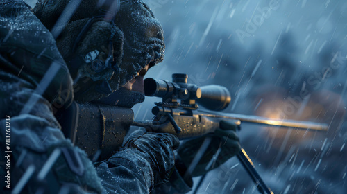 A tense and dramatic portrayal of a sniper in camouflage, with his rifle poised, amidst a snowy, unforgiving environment