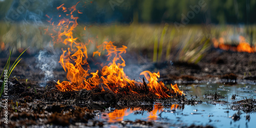 The peat bog burns in the summer. Fire Danger of burning natural materials, natural peat.