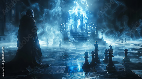 The evil queen stands in front of castle with chess pieces on chessboard.