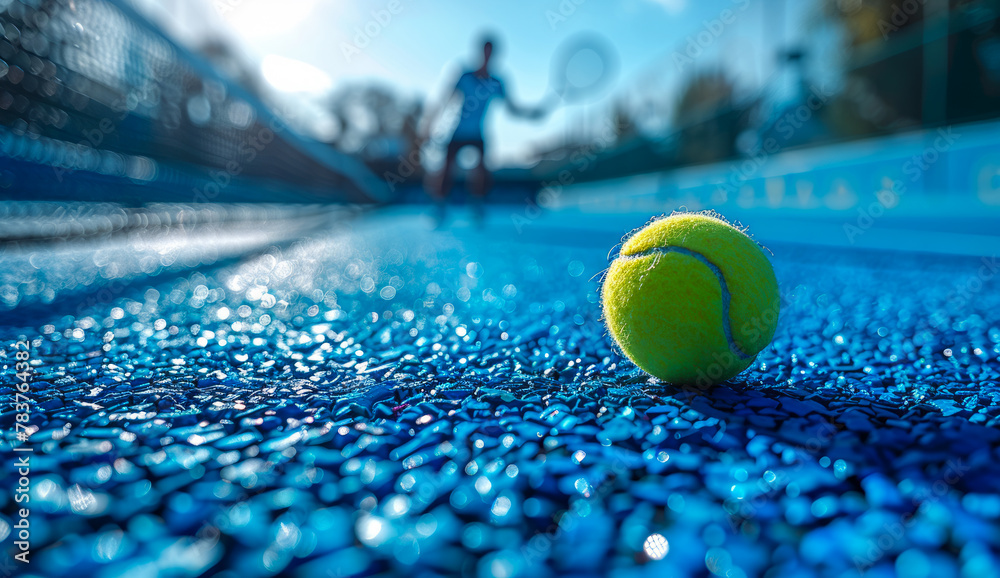 Tennis ball on the court. A man playing padel with his racket and tennis ball on a blue court