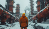 Man in bright orange jacket stands in front of large red and orange pipe factory in the snow.