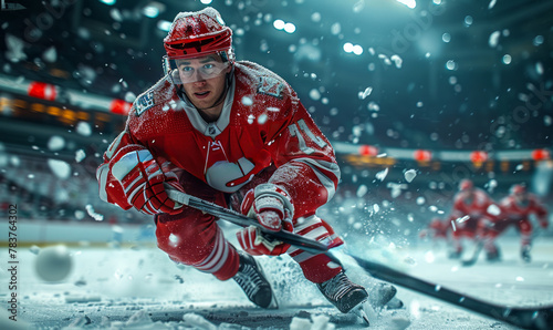 Professional hockey player is skating on ice with stick and puck in helmet and uniform. Players are fighting for the puck. © Vadim