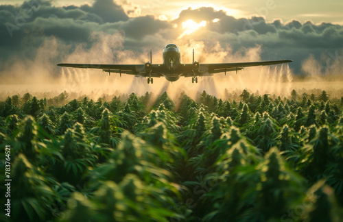 Crop duster sprays agricultural chemicals over field of vegetation