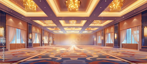 Spacious conference hall in a luxury hotel, featuring a carpeted floor and ceiling adorned with lights.