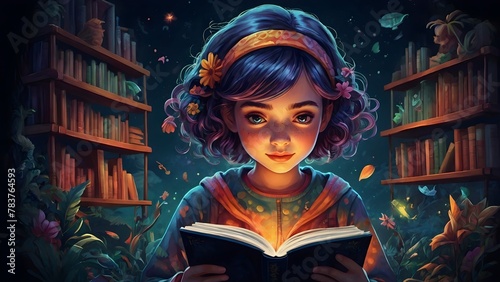 Cute girl kid reading a book digital art painting : Young girl engrossed in storybook digital painting photo