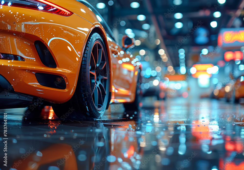 Orange sport car parking on the wet road with the reflection of lights 3d render