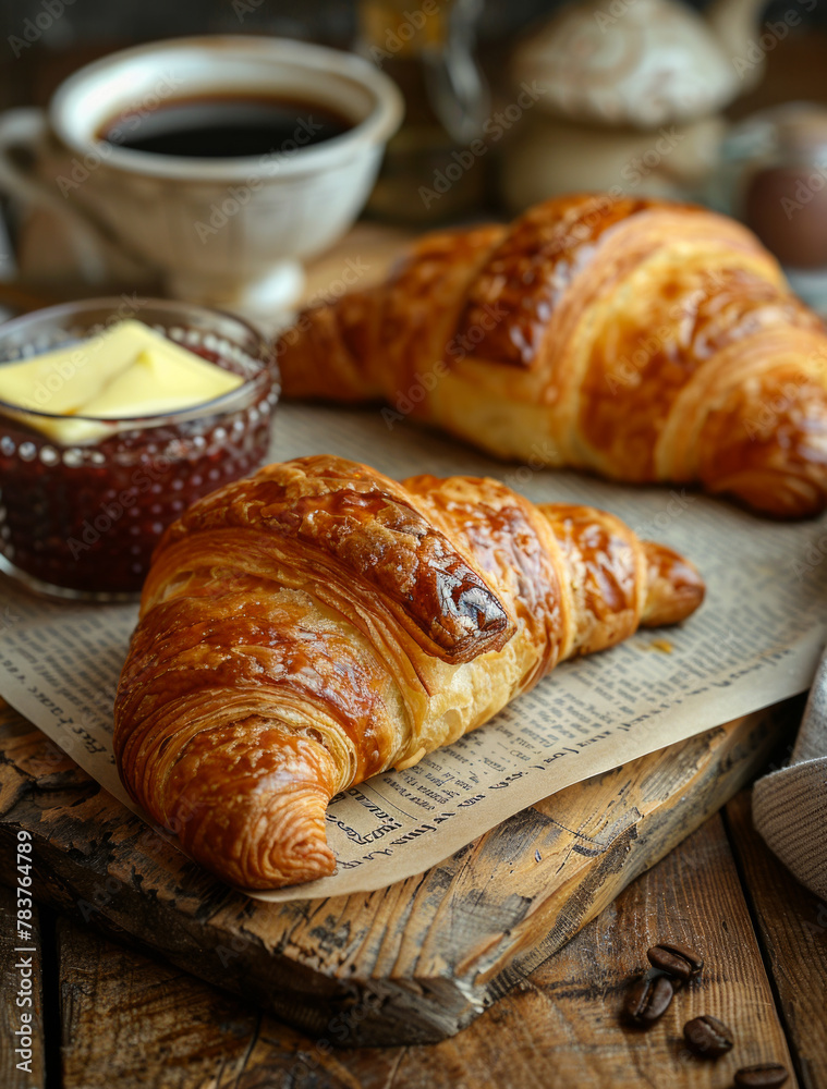 Freshly baked croissants with butter and cup of coffee on wooden table