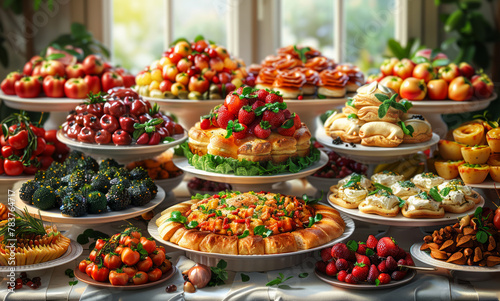Buffet table with variety of delicious sweets food art dessert and fruit