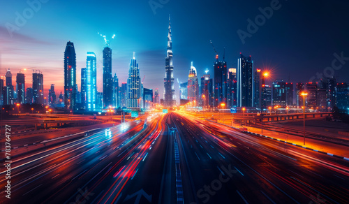 Scenic nighttime skyline of Dubai UAE. Aerial view on highways and skyscrapers in the distance