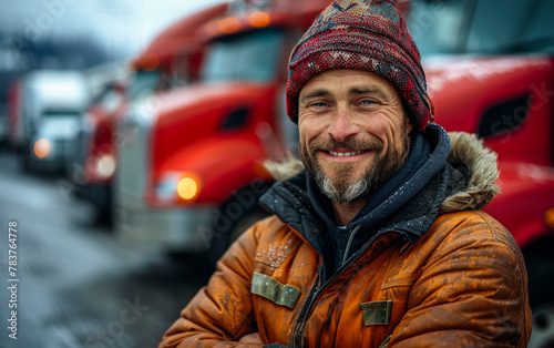 portrait of a smiling truck driver standing in front of his red cargo semitruck with his arms crossed © Vadim