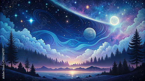 Illustration of universe filled with stars during midnight © merry