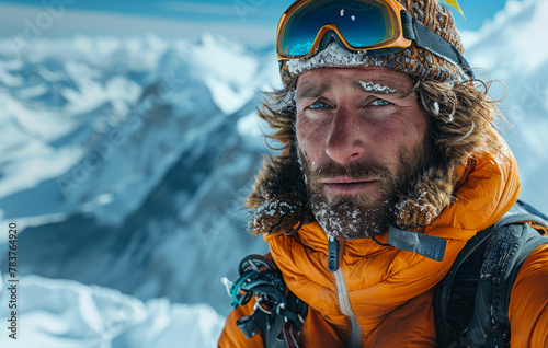 Man looks into the distance with snow and ice on his face