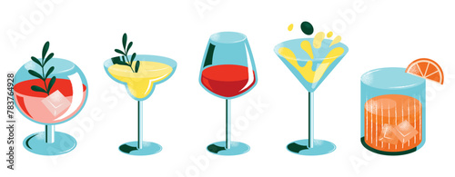 Set of cocktails. An illustration of classical drinks in different types of glasses. Vector illustration of summer cocktails isolated on background. Popular cocktails for design menu, posters