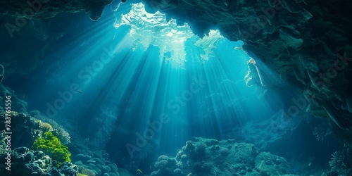 The Mesmerizing Entrance to an Underwater Cavern Illuminated by Shimmering Rays of Celestial Light