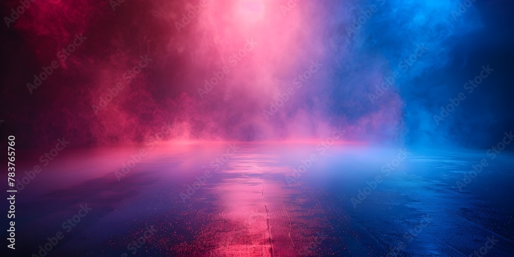 Ethereal Interplay of Red and Blue Lights Shrouded in Mystic Fog Evoking a Captivating and Serene Ambiance