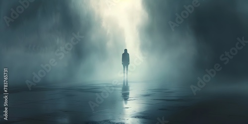 Solitary Silhouette Illuminated within the Misty Landscape Elongated Shadow on the Ground photo