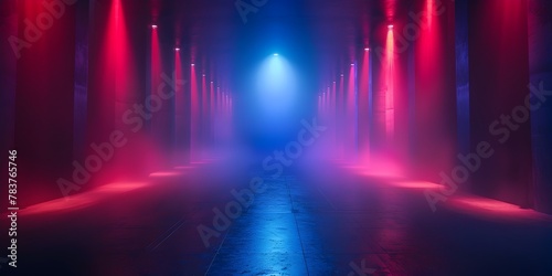 Striking Interplay of Red and Blue Lights in Mysterious Foggy Tunnel Creating an Otherworldly Atmosphere