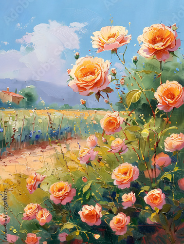 Oil painting of roses in the countryside with the sky in the background