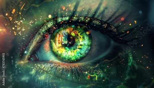 An artistic rendition of a human eye enhanced with vibrant colors, sparkles, and ethereal light effects, conveying a magical or fantastical theme. © Sanja