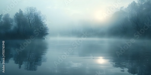 Tranquil Fog Shrouded Lake Reflecting the Ethereal Atmosphere of the Surrounding Misty Forest © Thares2020