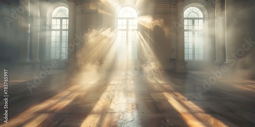 Radiant Light Piercing the Ethereal Fog Unveiling the Mystical Wooden Floor