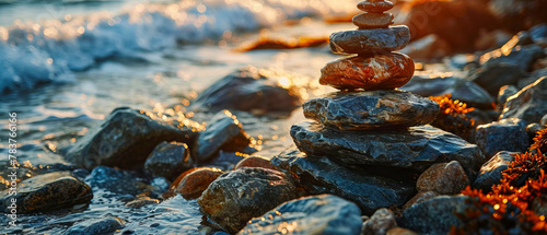 Zen Stones Stacked by Tranquil Water at Sunset photo