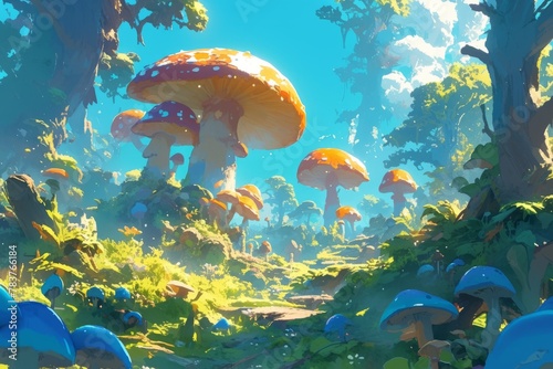 Fantasy mushroom forest, illustration, cartoon, art, background photo