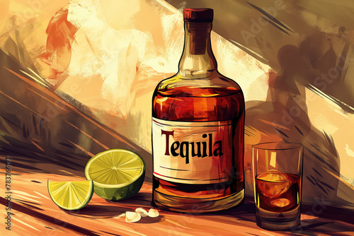 Tequila bottle with lime and ice on a wooden background.