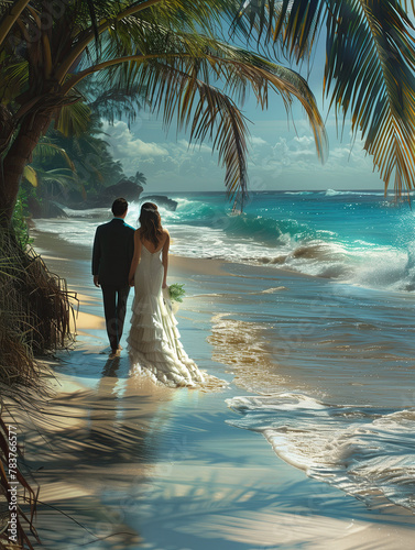 Wedding couple on the beach with palm trees and blue sea