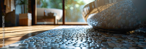 Close-up of a mosaic tile floor in a bathroom, hyperrealistic photography of modern interior design