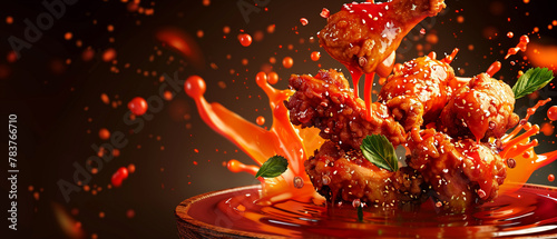 Dynamic 3D vector illustration of Korean fried chicken being dipped into sweet chili sauce, action shot with sauce splashing,