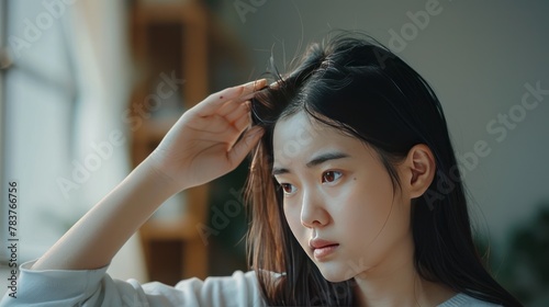 Young asian woman having serious thin hair problem. AI generated © MUCHIB