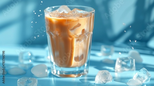 Iced coffee in a glass on a blue background, Cold summer drink photo