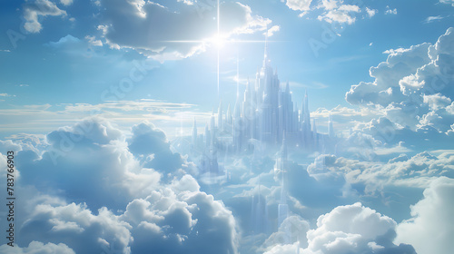 The holy city descending from the heavens, depicted with futuristic architecture and radiant with divine light, set against a backdrop of a new heaven and a new earth, 