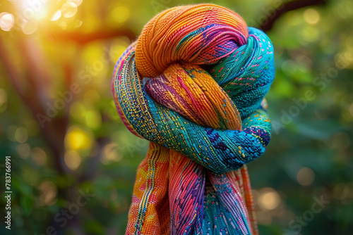 Generate an image featuring a close-up view of a colorful robe knot, with each thread delicately woven together, set against a background of lush, sun-dappled forest foliage, invoking a feeling of tra photo