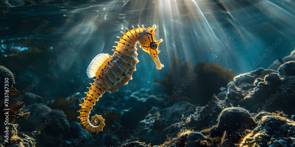 Ethereal Seahorse Silhouetted Against Radiant Underwater Sunbeam