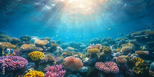 Vibrant Underwater Scene at the Coral Reef Edge with Abundant Marine Life and Sunlit Rays