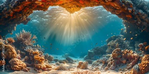 Mesmerizing Coral Archway Basking in Warm Sunlight Beneath the Waves of a Vibrant Underwater Seascape © Thares2020