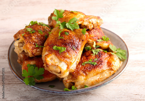 Roast chicken thighs on plate