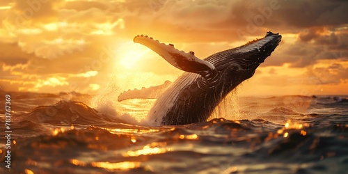 Majestic Humpback Whale Breaching through Glowing Sunlight at Dawn over the Ocean s Surface © Thares2020