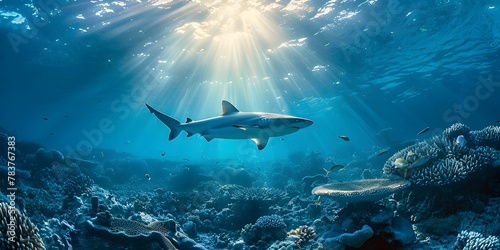 Lone Shark Patrolling Sunlit Reef with Precision